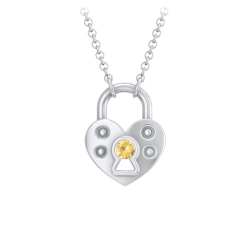 Heart Padlock Necklace with Gemstone Keyhole – Sterling Silver with Citrine