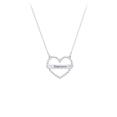 Beaded Open Heart Necklace with Engravable Bar – Sterling Silver