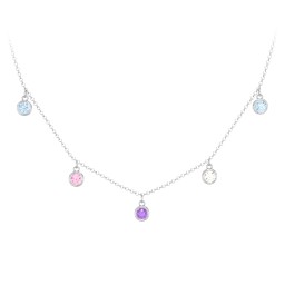 Bezel Set Birthstone Drop Necklace - 5 Stone in 925 Sterling Silver with Blue Topaz, Fancy Pink Premium Zirconia, Amethyst, and Cubic Zirconia
