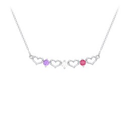 Heart To Heart Necklace with 3 Birthstones in 925 Sterling Silver with Amethyst, Cubic Zirconia, and Ruby