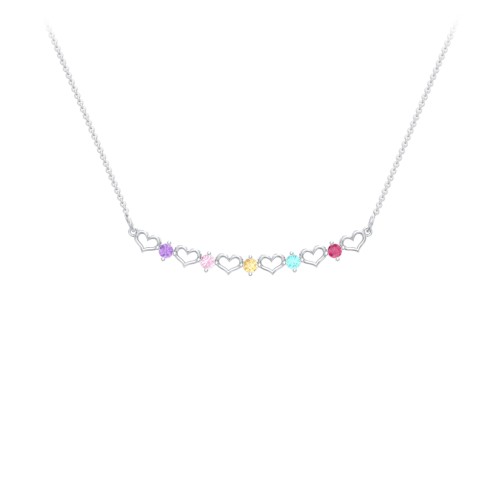 Heart To Heart Necklace with 5 Birthstones – Sterling Silver with Amethyst, Pink Tourmaline, Citrine, Mint Premium Zirconia, and Ruby