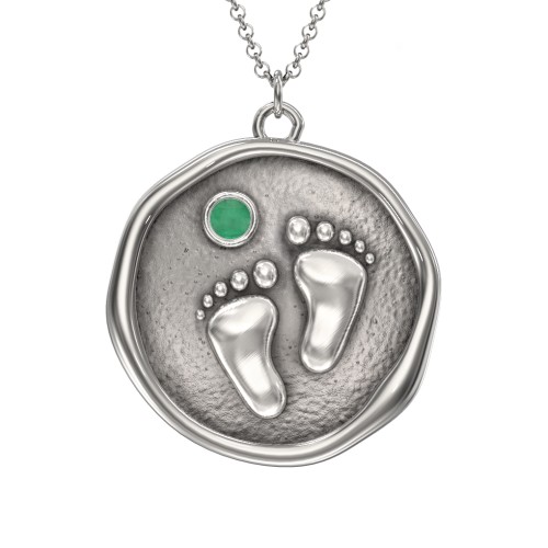 Engravable Baby Footprint Medallion Necklace with Birthstone – Sterling Silver with Emerald