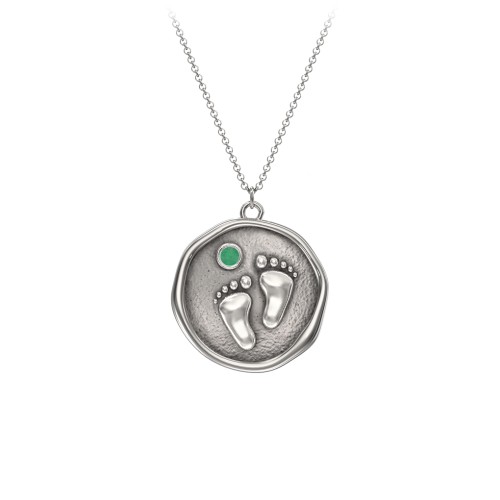 Engravable Baby Footprint Medallion Necklace with Birthstone – Sterling Silver with Emerald