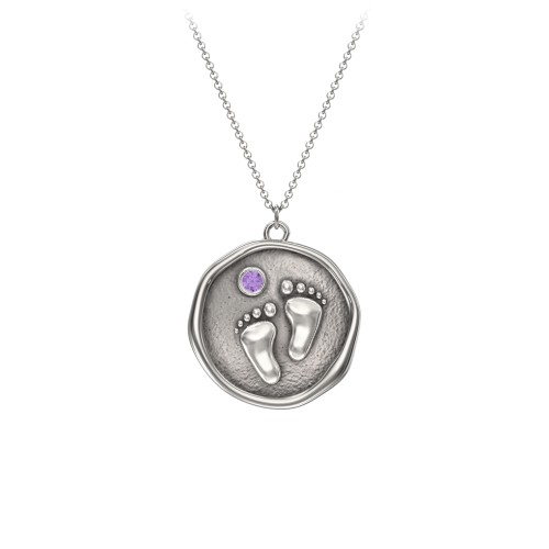 Engravable Baby Footprint Medallion Necklace with Birthstone – Sterling Silver with Amethyst