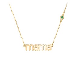 Mama Necklace In Modern Font with Satellite Birthstone in 18K Gold Plated Silver with Emerald
