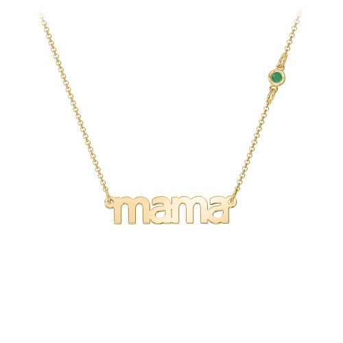 Mama Necklace In Modern Font with Satellite Birthstone – 18K Gold Plated Silver with Emerald
