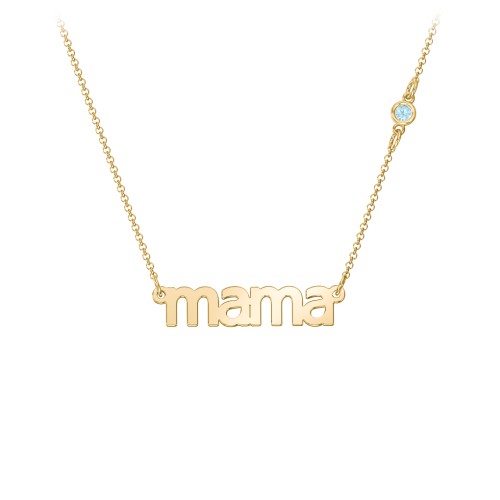 Mama Necklace In Modern Font with Satellite Birthstone – 18K Gold Plated Silver with Blue Topaz