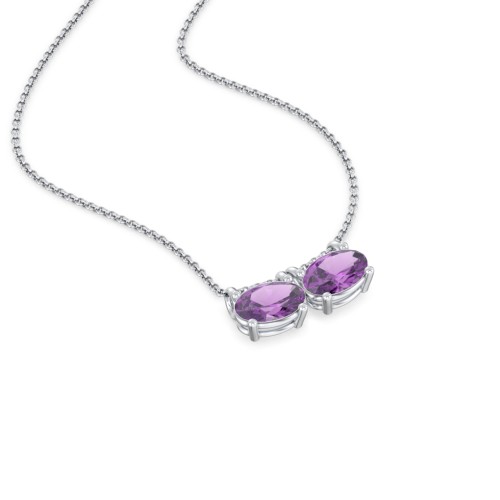 East-West Oval Necklace with 2 Gemstones – Sterling Silver with Amethyst