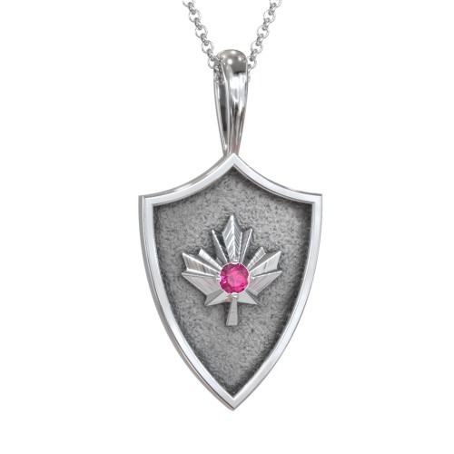Maple Leaf Hero Shield Pendant with Gemstone – Sterling Silver with Ruby