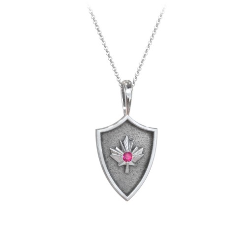 Maple Leaf Hero Shield Pendant with Gemstone – Sterling Silver with Ruby