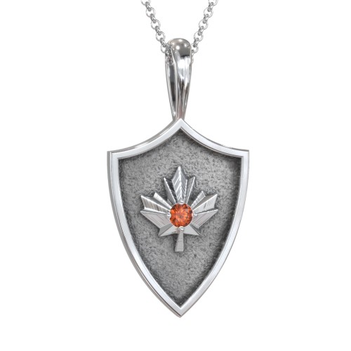 Maple Leaf Hero Shield Pendant with Gemstone – Sterling Silver with Garnet