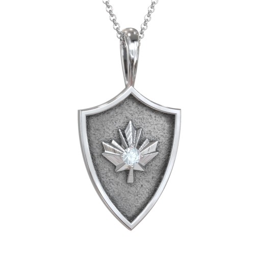 Maple Leaf Hero Shield Pendant with Gemstone – Sterling Silver with Aquamarine