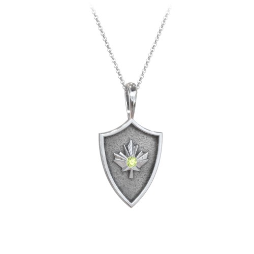 Maple Leaf Hero Shield Pendant with Gemstone – Sterling Silver with Peridot