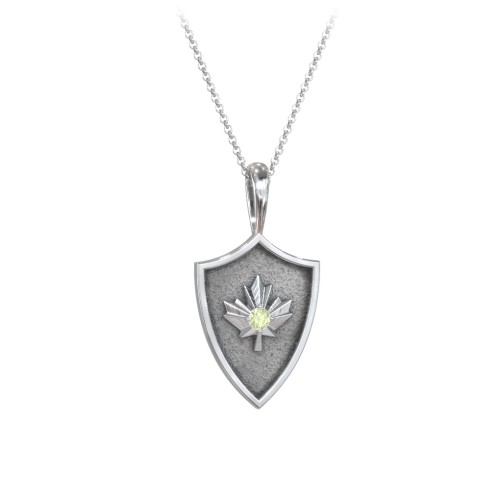 Maple Leaf Hero Shield Pendant with Gemstone – Sterling Silver with Peridot