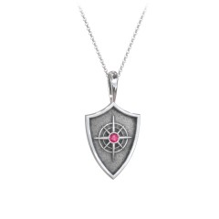 Compass Hero Shield Pendant with Gemstone – Sterling Silver with Ruby