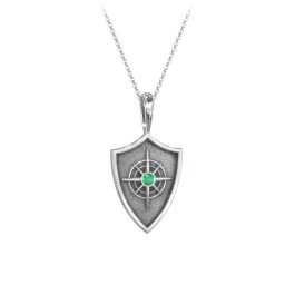 Compass Hero Shield Pendant with Gemstone in 925 Sterling Silver with Emerald