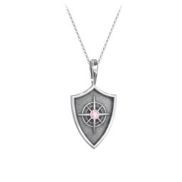 Compass Hero Shield Pendant with Gemstone in 925 Sterling Silver with Pink Tourmaline