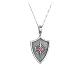 Compass Hero Shield Pendant with Gemstone in 925 Sterling Silver with Ruby
