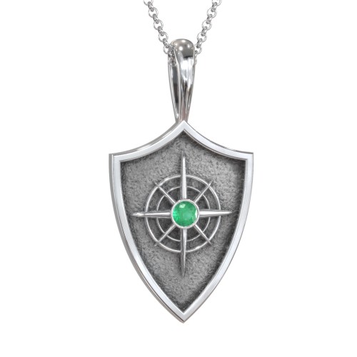 Compass Hero Shield Pendant with Gemstone – Sterling Silver with Emerald