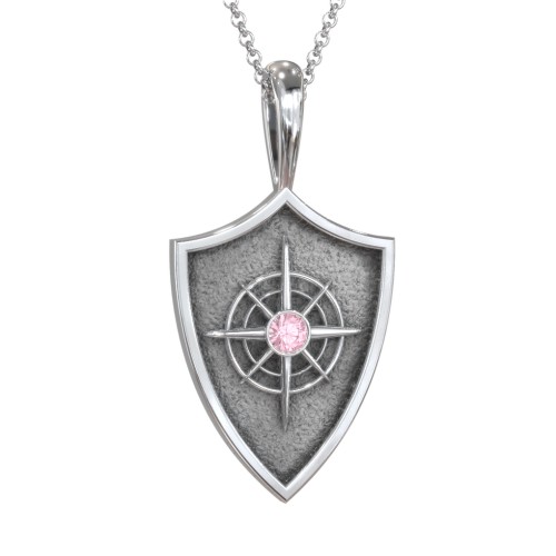 Compass Hero Shield Pendant with Gemstone – Sterling Silver with Pink Tourmaline