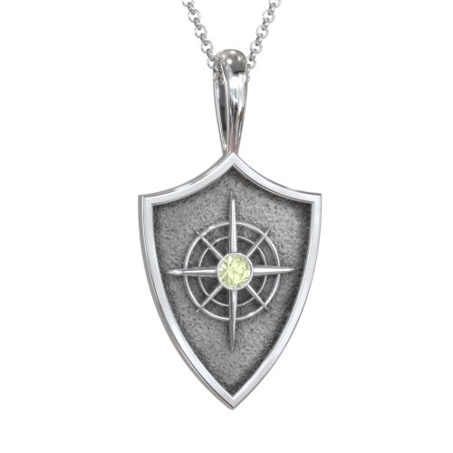Compass Hero Shield Pendant with Gemstone – Sterling Silver with Peridot
