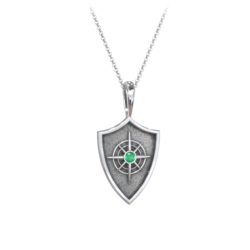 Compass Hero Shield Pendant with Gemstone – Sterling Silver with Emerald