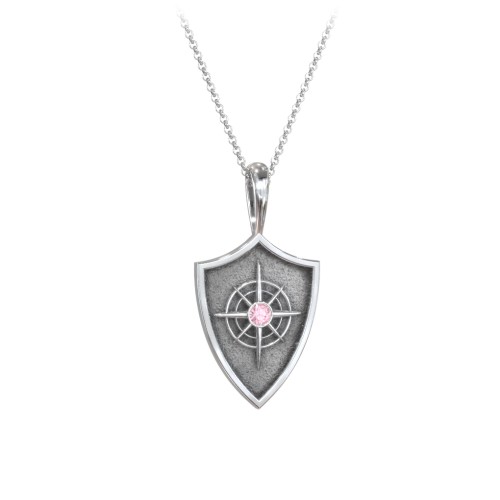 Compass Hero Shield Pendant with Gemstone – Sterling Silver with Pink Tourmaline