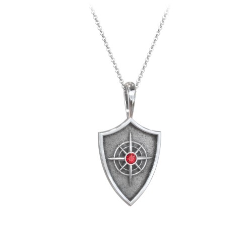 Compass Hero Shield Pendant with Gemstone – Sterling Silver with Garnet