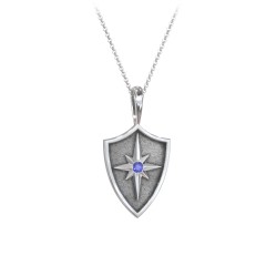 Starburst Hero Shield Pendant with Gemstone – Sterling Silver with Blue Sapphire