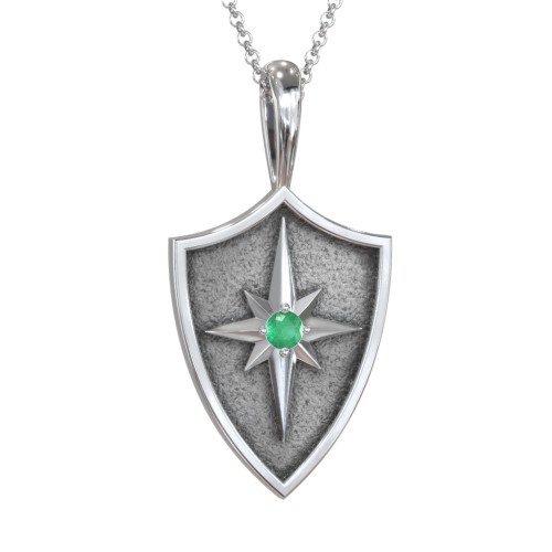 Starburst Hero Shield Pendant with Gemstone – Sterling Silver with Emerald