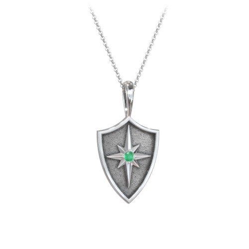 Starburst Hero Shield Pendant with Gemstone – Sterling Silver with Emerald