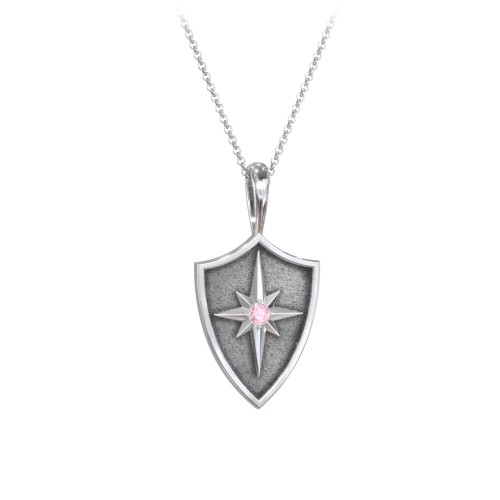 Starburst Hero Shield Pendant with Gemstone – Sterling Silver with Pink Tourmaline