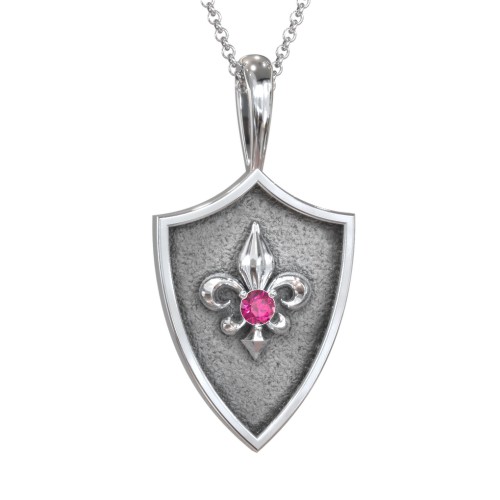 Fleur-de-lis Hero Shield Pendant with Gemstone – Sterling Silver with Ruby