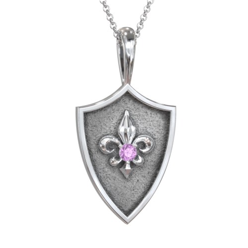 Fleur-de-lis Hero Shield Pendant with Gemstone – Sterling Silver with Amethyst