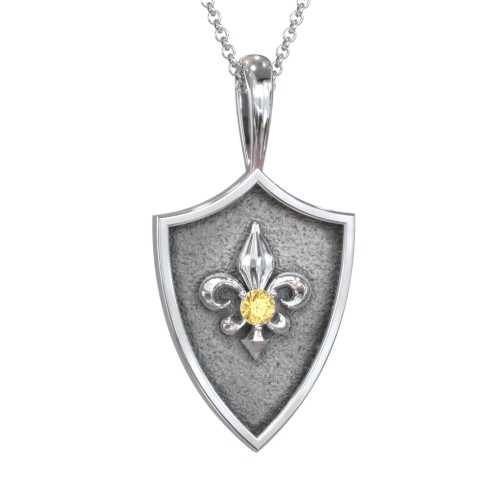 Fleur-de-lis Hero Shield Pendant with Gemstone – Sterling Silver with Citrine