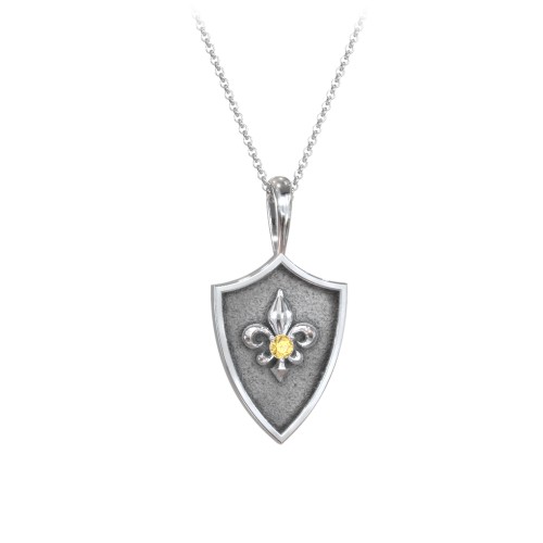 Fleur-de-lis Hero Shield Pendant with Gemstone – Sterling Silver with Citrine
