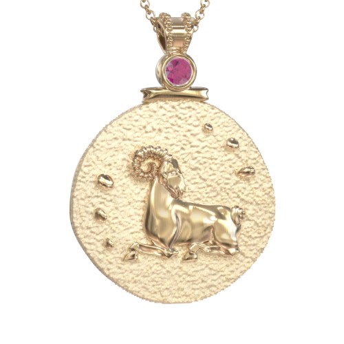Engravable Aries Zodiac Medallion With Accent – 18K Gold Plated Silver with Ruby