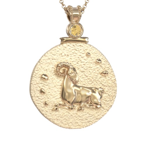 Engravable Aries Zodiac Medallion With Accent – 18K Gold Plated Silver with Citrine
