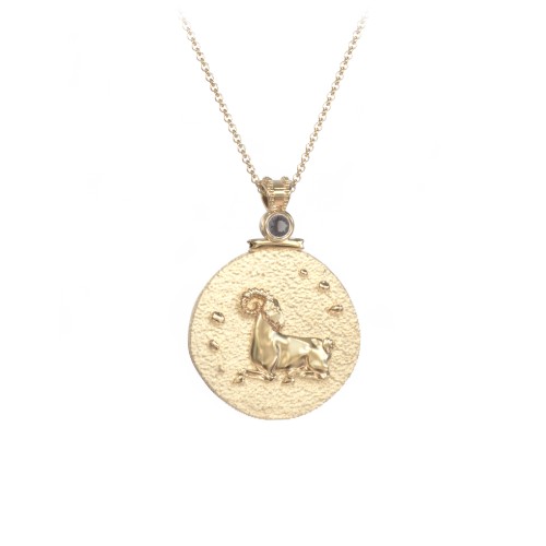 Engravable Aries Zodiac Medallion With Accent – 18K Gold Plated Silver with Smokey Quartz