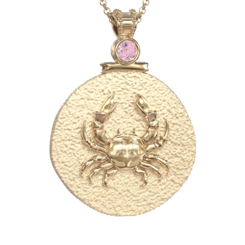 Engravable Cancer Zodiac Medallion With Accent – 18K Gold Plated Silver with Pink Tourmaline