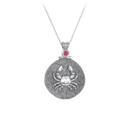 Engravable Cancer Zodiac Medallion With Accent in 925 Sterling Silver with Ruby