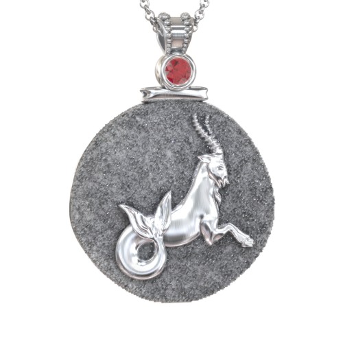 Engravable Capricorn Zodiac Medallion With Accent – Sterling Silver with Garnet