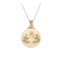 Engravable Gemini Zodiac Medallion With Accent in 18K Gold Plated Silver with Pink Tourmaline