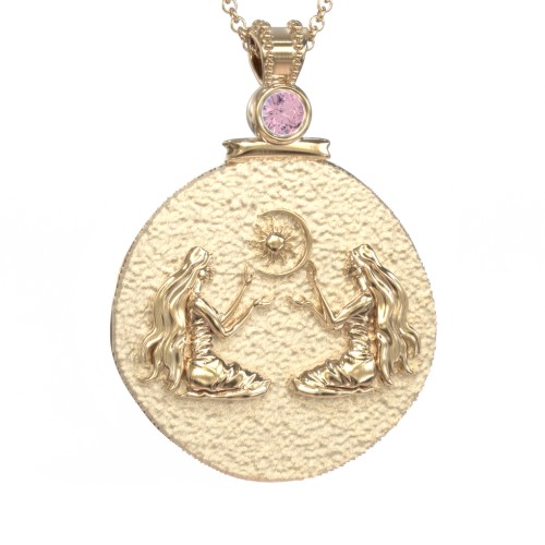 Engravable Gemini Zodiac Medallion With Accent – 18K Gold Plated Silver with Pink Tourmaline