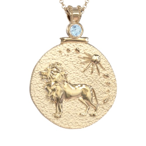 Engravable Leo Zodiac Medallion With Accent – 18K Gold Plated Silver with Blue Topaz