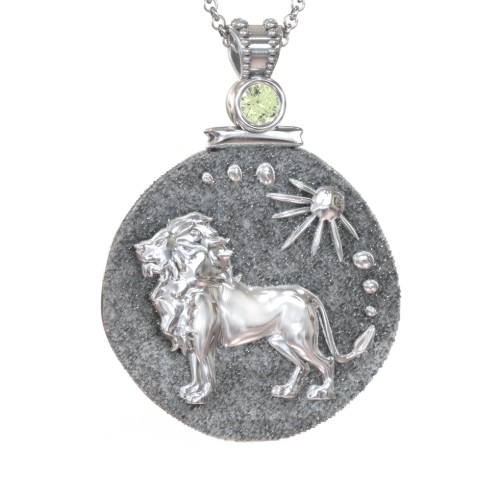 Engravable Leo Zodiac Medallion With Accent – Sterling Silver with Peridot