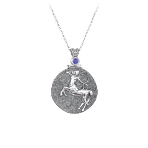 Engravable Sagittarius Zodiac Medallion Necklace – Sterling Silver with Blue Sapphire