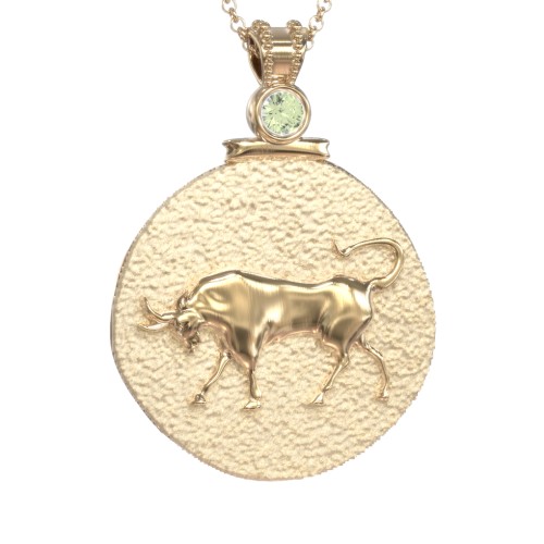 Engravable Taurus Zodiac Medallion With Accent – 18K Gold Plated Silver with Peridot