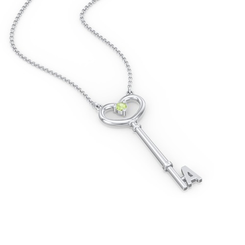 Initial Heart Key Necklace with Gemstone - A