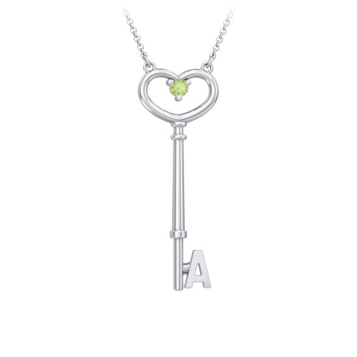 Initial Heart Key Necklace with Gemstone - A